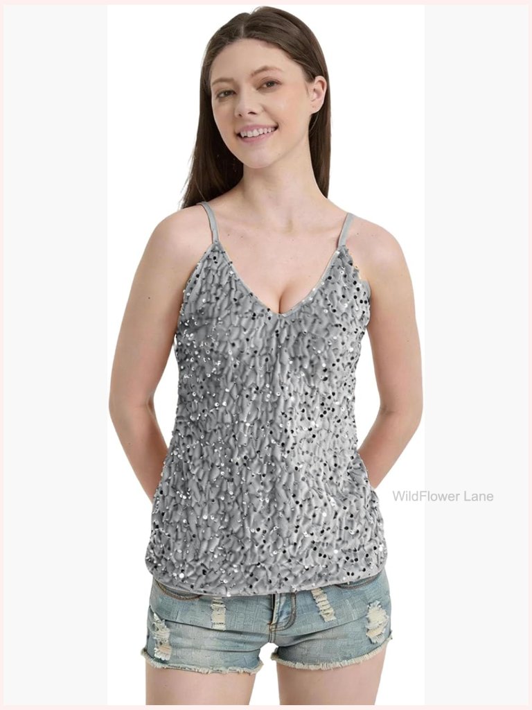 V Neck Sequin Cami Top Sparkly Going Out Sleeveless Dressy Blouse Evening Party